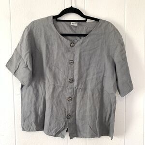 Vtg CP Shades Womens Medium Shirt Button Up Short Sleeves 100% Linen Grey Boxy